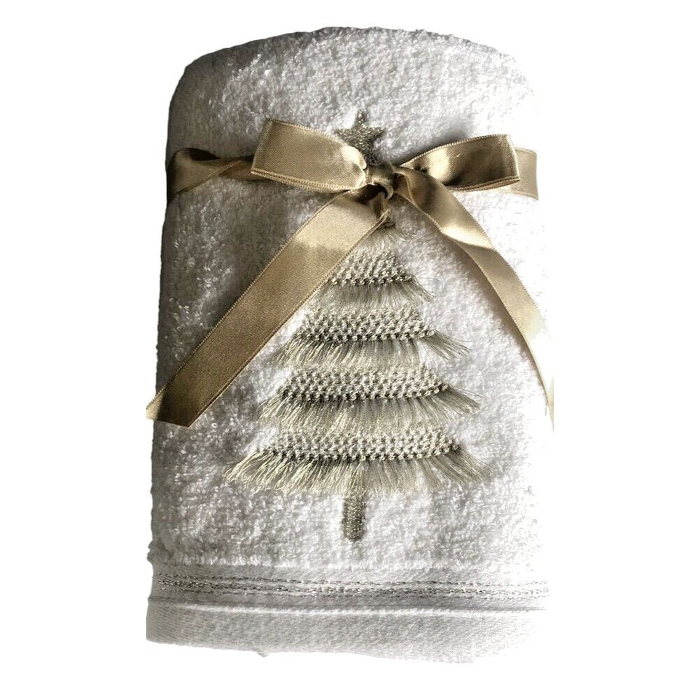 Christmas Tree Hand Towels Set of 2 Luxe Habitat Turkish Bathroom White Gold